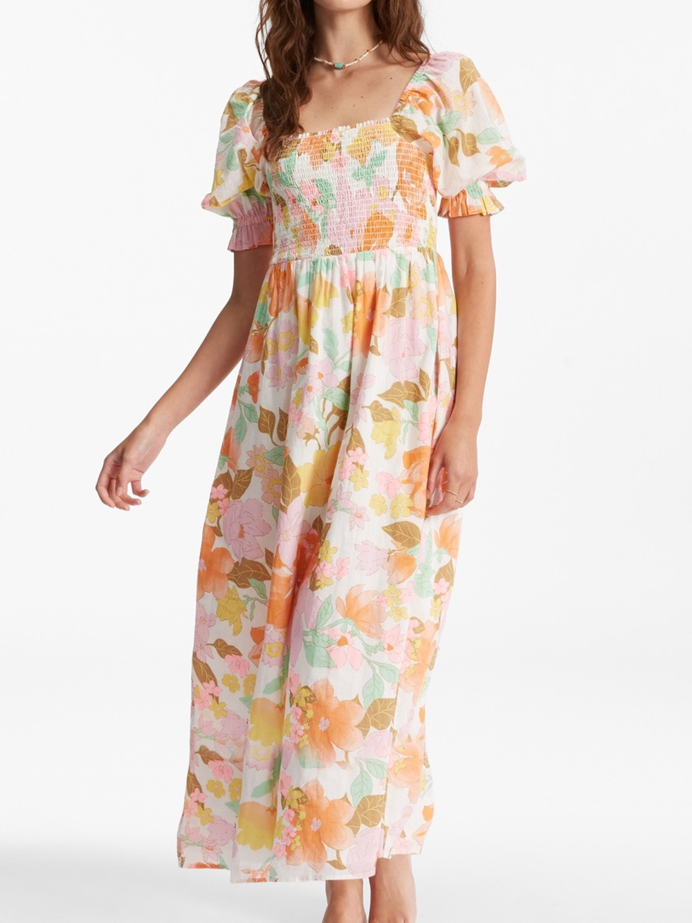 Billabong Pastel Floral Puff-Sleeve Maxi Dress — Pink, Orange, Green, Cream